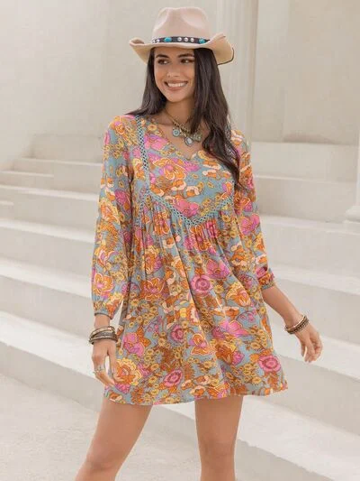 Blue Zone Planet |  Printed V-Neck Balloon Sleeve Mini Dress Stylish Puff Sleeve Mini Dress