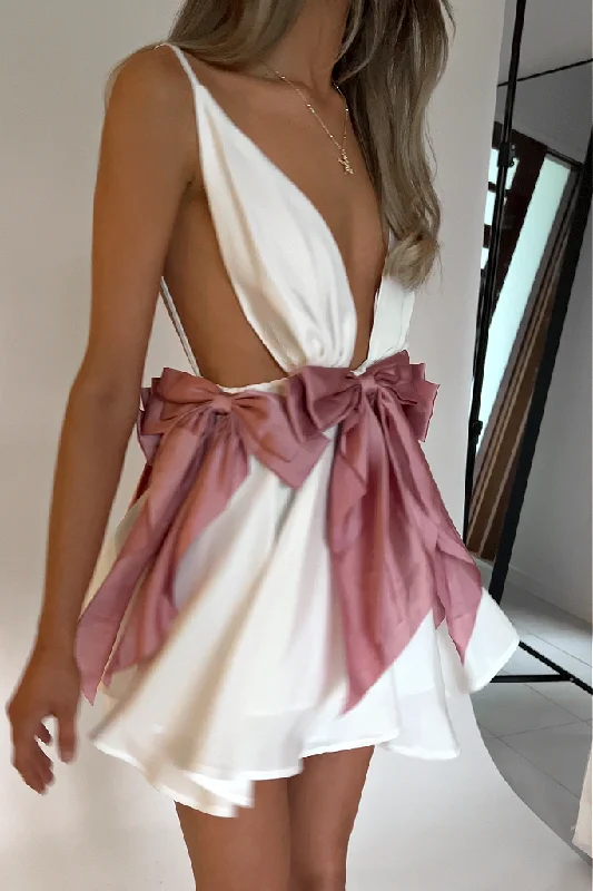 BRIANNA MINI DRESS - PEARL SILK & RASPBERRY BOWS Elegant Off-Shoulder Dress Mini