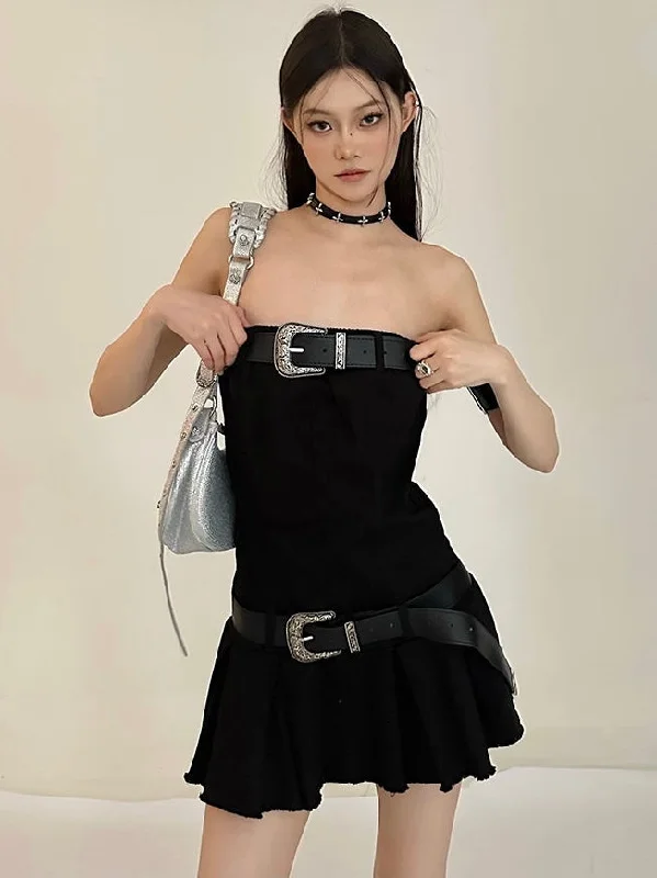 Camile Solid Color Denim Black Sleeveless Bandeau Pleated Mini Dress Fashionable Denim Mini Dress
