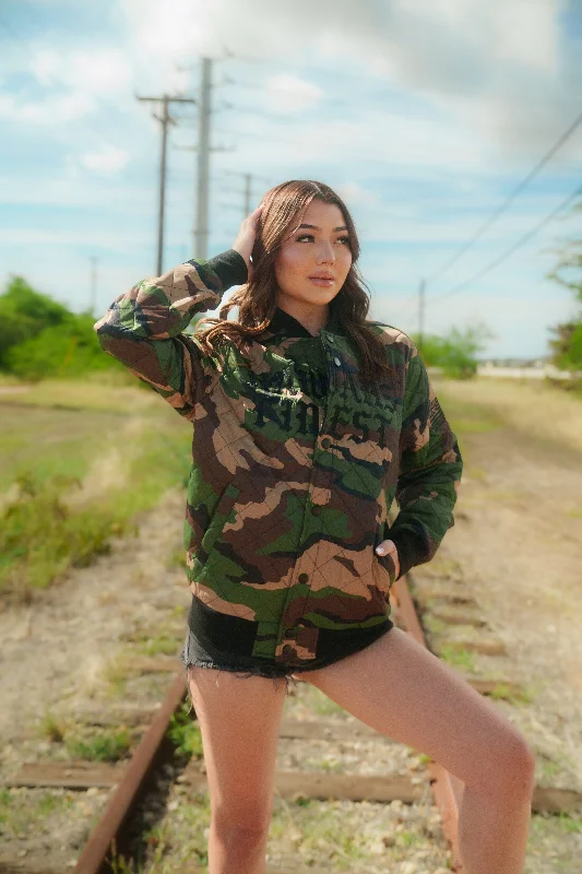 CAMO OLD ENGLISH VARSITY JACKET Hoodie Zip-Up Jacket Button-Up Jacket