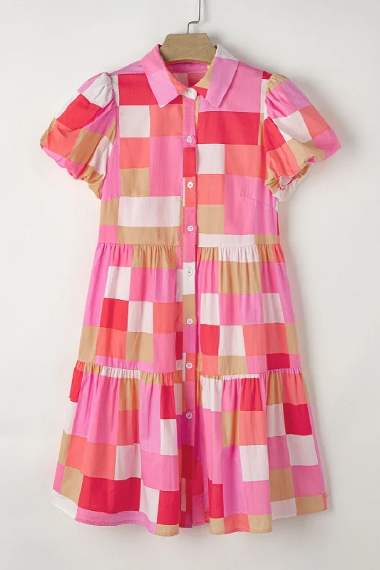 Color Block Button Up Short Sleeve Mini Dress Comfortable Fit-and-Flare Mini Dress