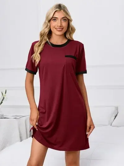 Blue Zone Planet |  Contrast Trim Round Neck Mini Dress Fashionable Mini Dress with Pockets