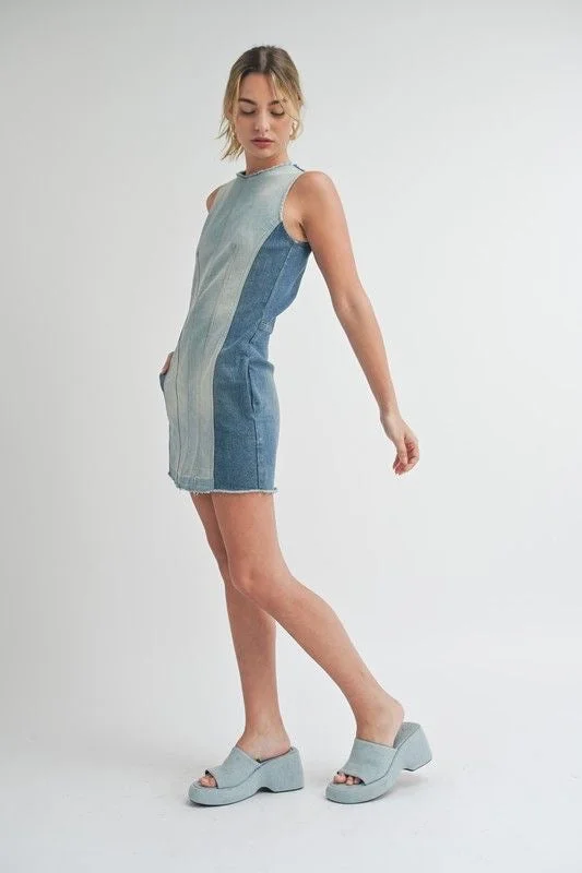 Denim Block Mini Dress Elegant Vintage Mini Dress