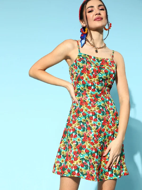 Berrylush Women Red & Green Floral Printed Square Neck Crepe Flared A-Line Mini Dress Comfortable Linen Mini Dress