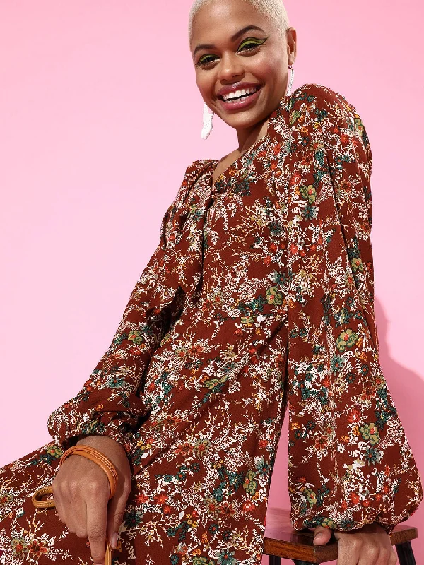 Berrylush Women Maroon Ditsy Floral Printed Tie-Up Sweetheart Neck Flared A-Line Mini Dress Stylish Short Sleeve Mini Dress