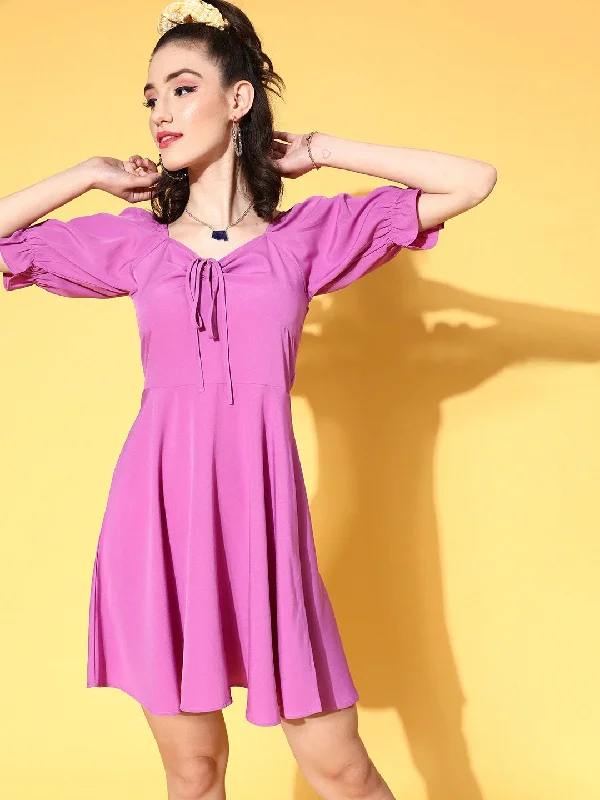 Berrylush Women Solid Purple Puff Sleeve Crepe Fit & Flare Mini Dress Trendy Mesh Mini Dress