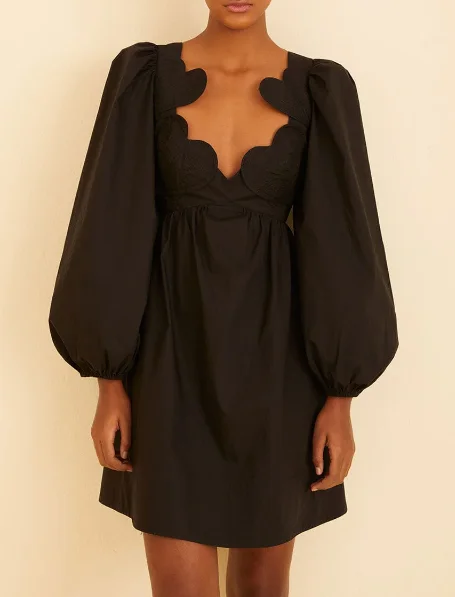 Farm Rio Black Heart Shaped Neckline Mini Dress Cozy Jersey Mini Dress