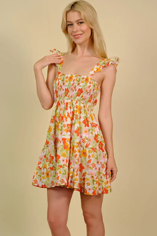 Floral Smocked Square Neck Mini Dress Trendy Wraparound Mini Dress
