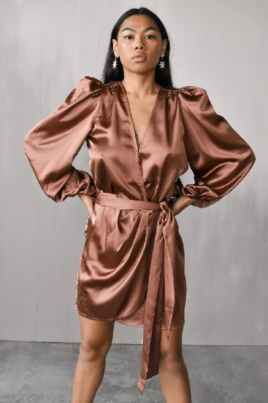 Gal Satin Wrap Mini Dress - Bronze Fashionable Summer Mini Dress