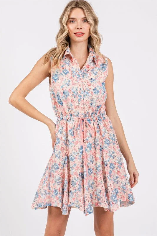 GeeGee Floral Eyelet Mini Dress Trendy Mini Dress with Belt