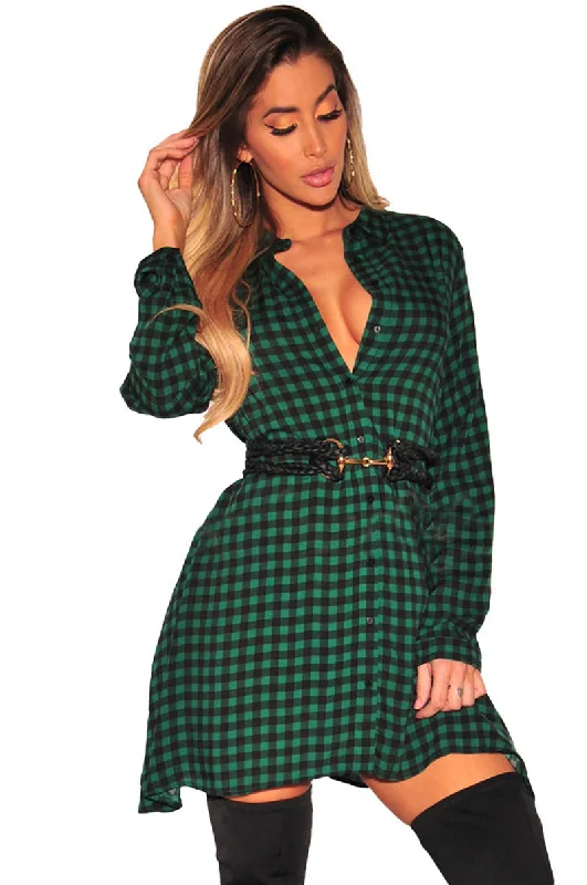 Green Black Plaid Flannel Long Sleeves Shirt Dress #Mini Dress #Black #Green Fashionable A-Line Mini Dress