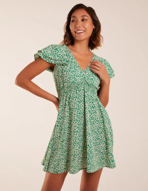 Double Ruffle Empire Shirred Mini Dress Elegant Lace Mini Dress