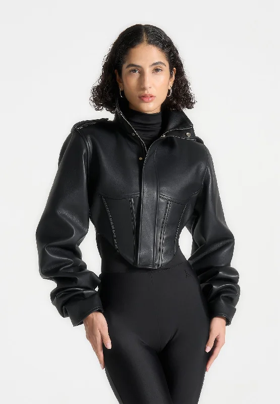 Leather Tacked Sleeve Corset Jacket - Black Faux Fur Fabric Real Fur Fabric Shearling Fabric Leather Tacked Sleeve Corset Jacket - Black Faux Fur Fabric Real Fur Fabric Shearling Fabric