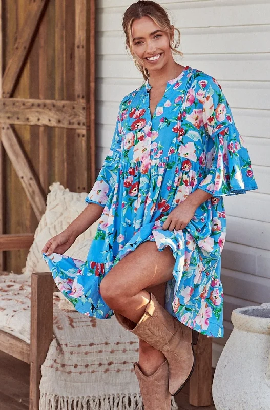 Leona Mini Dress - Sky Blue/Pink Trendy Denim Mini Dress