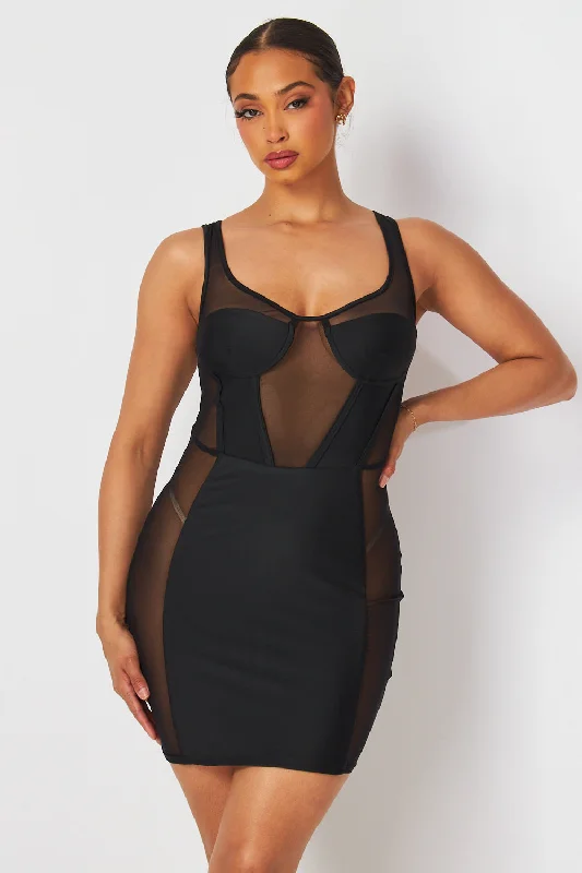 Betsy Sleeveless Mesh Contrast Bodycon Mini Dress Trendy Denim Mini Dress