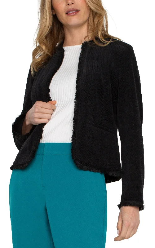 Liverpool Collarless Jacket w/ Frayed Edges (Black) Satin Jacket Silk Jacket Chiffon Jacket Liverpool Collarless Jacket w/ Frayed Edges (Black) Satin Jacket Silk Jacket Chiffon Jacket
