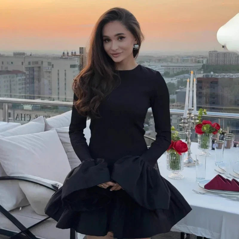 Lunivop Knitted Mini Dress Female Long Sleeves Gown Flare Sleeves Spliced Autumn Winter Dress A-Line Sweet Bodycon Women Clothes Elegant Velvet Mini Dress