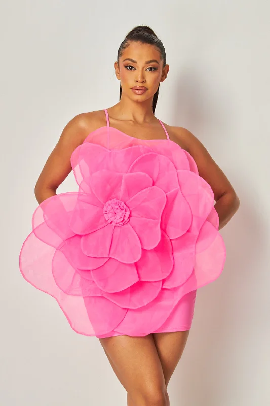 Madeline 3D Organza Flower Nylon Mini Dress Chic Puff Sleeve Mini Dress