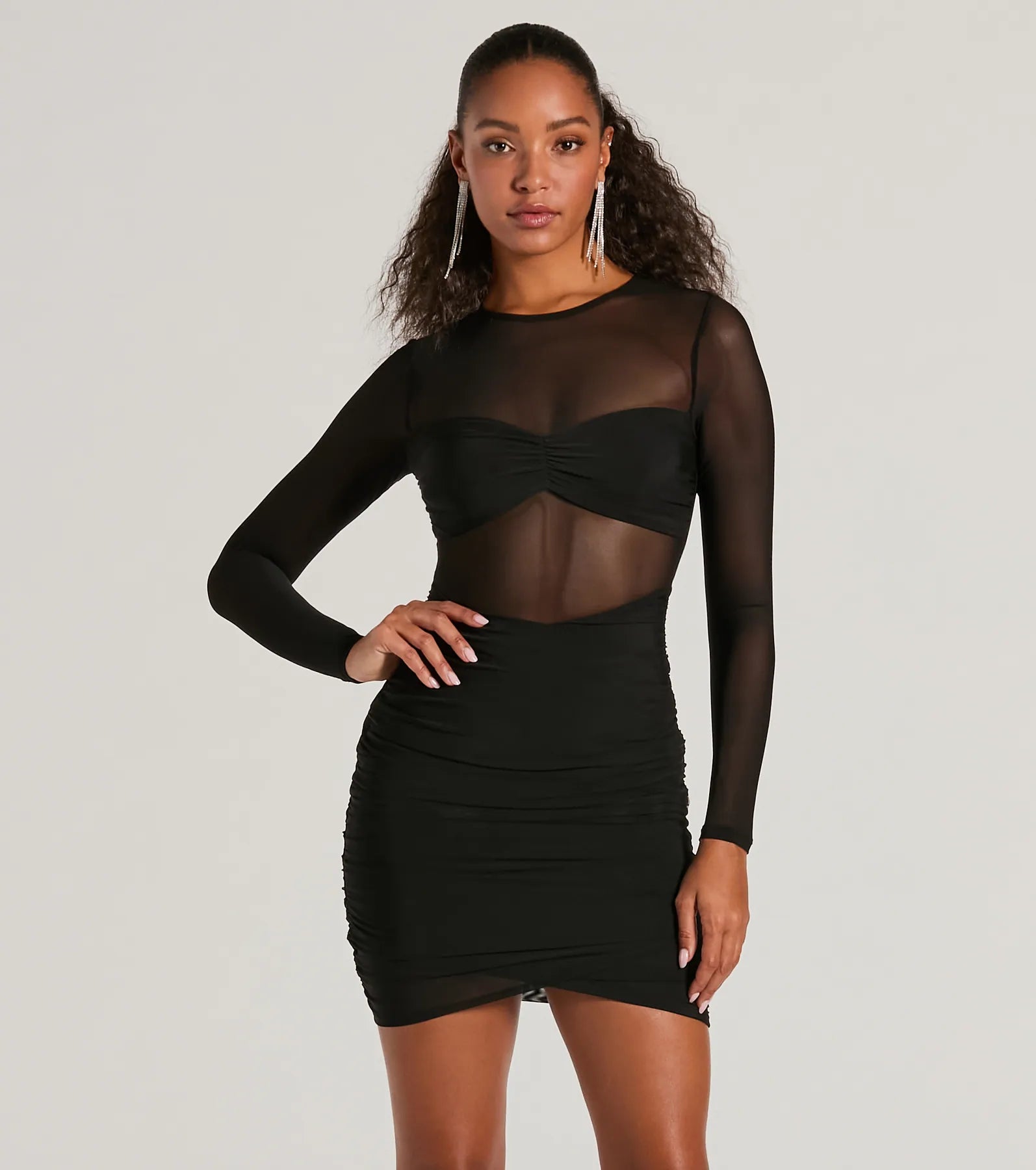 Major VIP Long Sleeve Sheer Mesh Bodycon Mini Dress Comfortable Linen Mini Dress