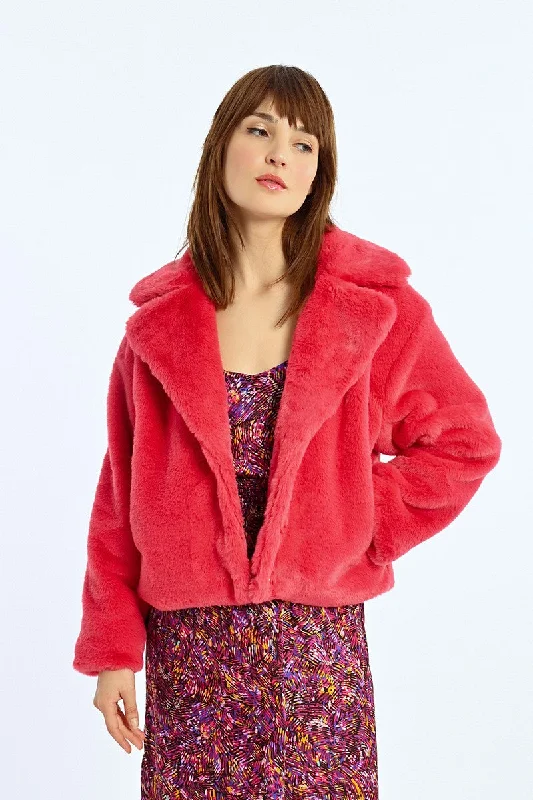 MBN Cropped Fur Jacket - Fuchsia Zippered Front Buttoned Front Snap Front
