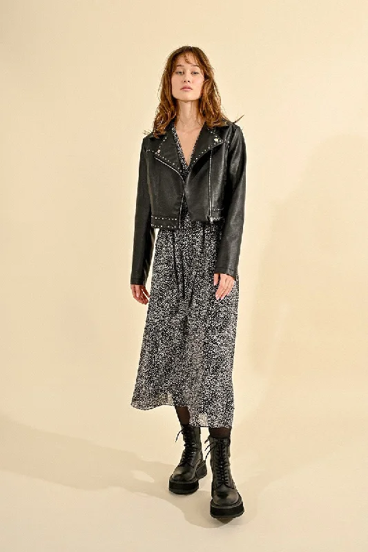 MBN Cropped Leather Biker Jacket Stand-Up Collar Roll-Neck Collar Turtle Neck