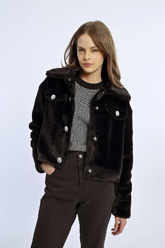 MBN Faux Fur Jeweled Button Jacket Boat Neck Shawl Collar Notched Collar