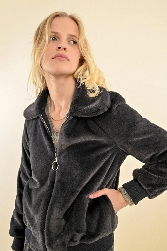 MBN Faux Fur Zip Up Jacket - Dark Grey Snapped Jacket Toggled Jacket Drawstring Jacket MBN Faux Fur Zip Up Jacket - Dark Grey Snapped Jacket Toggled Jacket Drawstring Jacket