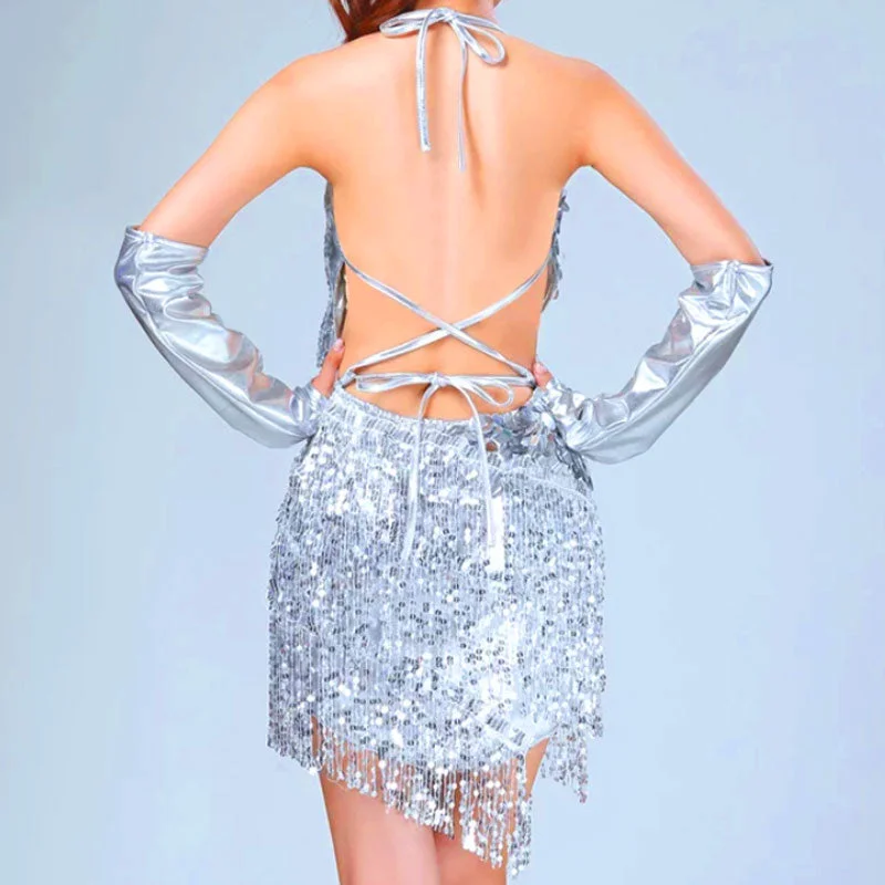 Sparkly Halter V Neck Bodycon Tassel Sequin Mini Dress - Silver Comfortable Off-Shoulder Mini Dress