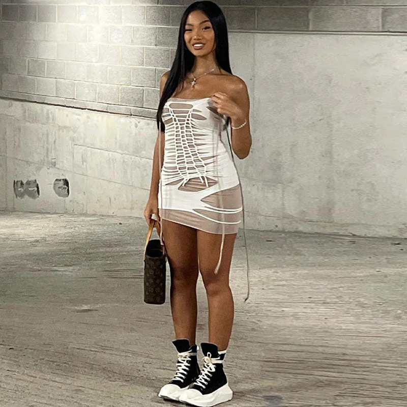 Slashed Strappy Ladder Cutout Bodycon Strapless Club Mini Dress - White Elegant Lace Mini Dress