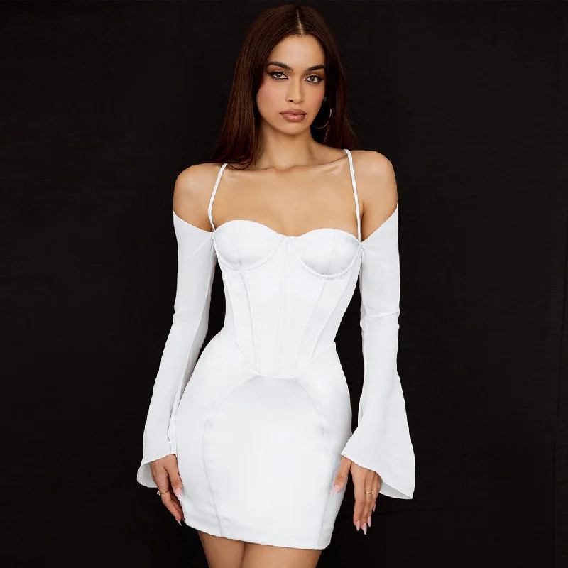 Silky Satin Long Sleeve Off Shoulder Corset Club Mini Dress - White Fashionable Lace Mini Dress