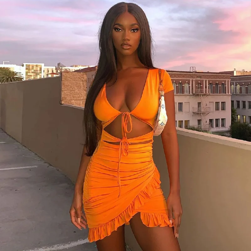 V Neck Floss Strap Ruched Bodycon Party Mini Dress - Orange Trendy Mesh Mini Dress
