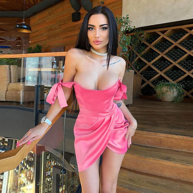 Solid Color Tie Strap Ruched Wrap Trim Bodycon Mini Dress - Pink Elegant Satin Lace Mini Dress