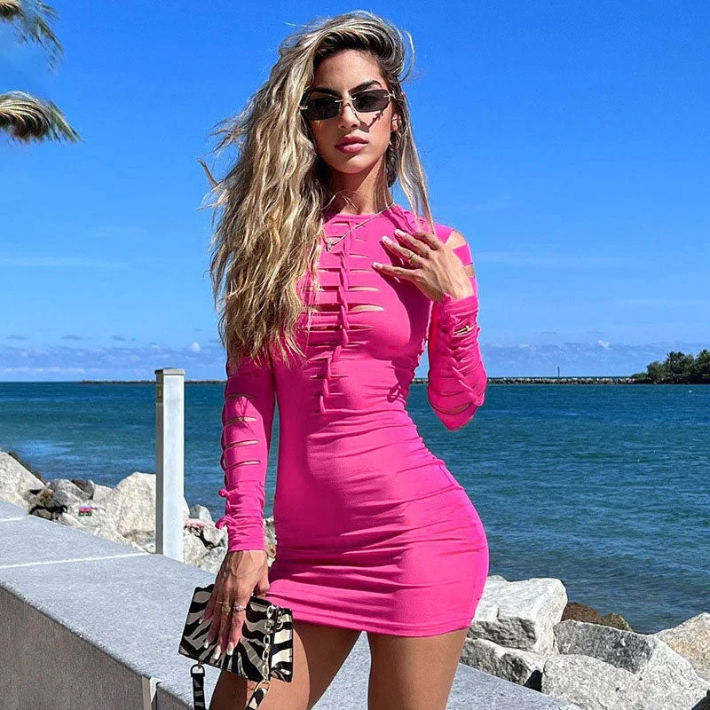 Slashed Ladder Cut Out Crew Neck Long Sleeve Bodycon Mini Dress - Hot Pink Fashionable Boho-Chic Mini Dress