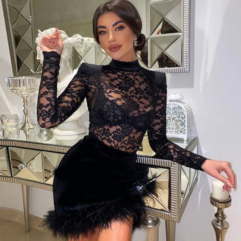 High Neck Long Sleeve Floral Lace Panel Trim Mini Dress - Black Comfortable Bodycon Mini Dress