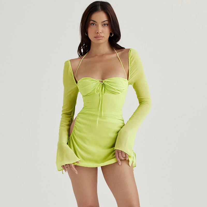 Halter Tie Strap Ruched Cut Out Club Mini Dress - Green Stylish Short-Sleeve Mini Dress