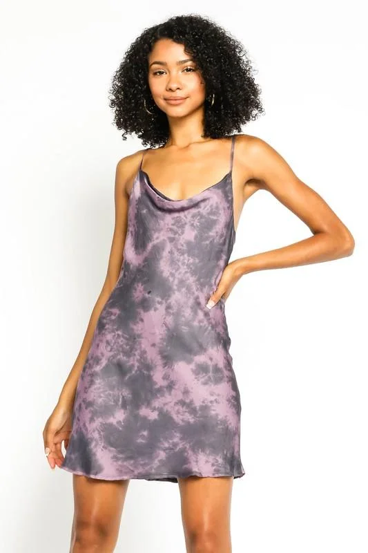 Keeley Purple Tie Dye Satin Cowl Neck Mini Dress Olivaceous Comfortable Ruffle Mini Dress Keeley Purple Tie Dye Satin Cowl Neck Mini Dress Olivaceous Comfortable Ruffle Mini Dress