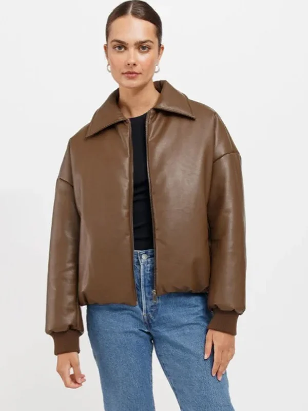 MIRIAM VEGAN LEATHER BOMBER JACKET - CHOCOLATE BROWN A-Line Jacket Boat Neck Shawl Collar MIRIAM VEGAN LEATHER BOMBER JACKET - CHOCOLATE BROWN A-Line Jacket Boat Neck Shawl Collar