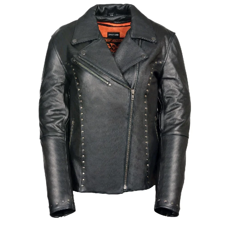 ML1948 Women's Classic Riveted Motorcycle Black Leather Jacket Plaid Jacket Tartan Jacket Houndstooth Jacket
