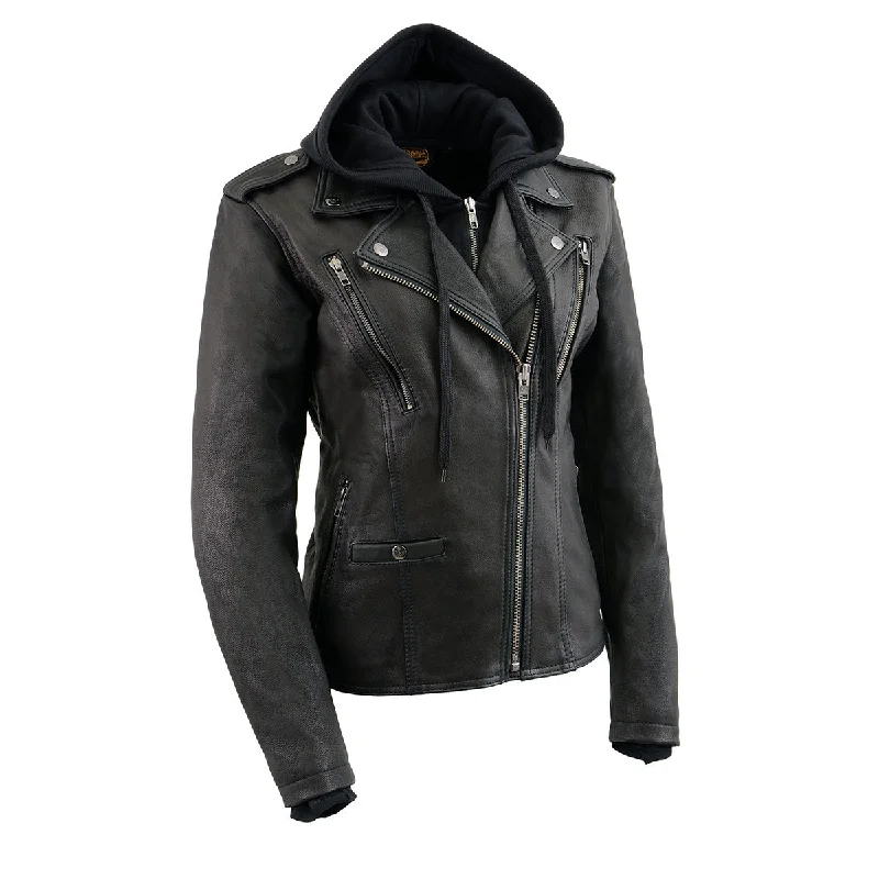 MLL2575 Women's Black Leather Vented Motorcycle Jacket w/ Removable Hoodie Cardigan Sweater Pullover MLL2575 Women's Black Leather Vented Motorcycle Jacket w/ Removable Hoodie Cardigan Sweater Pullover