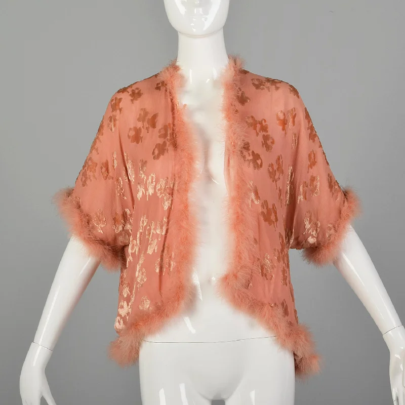 OSFM 1920s Pink Silk Devoré  Marabou Feather Trim Bed Jacket Zippered Front Buttoned Front Snap Front