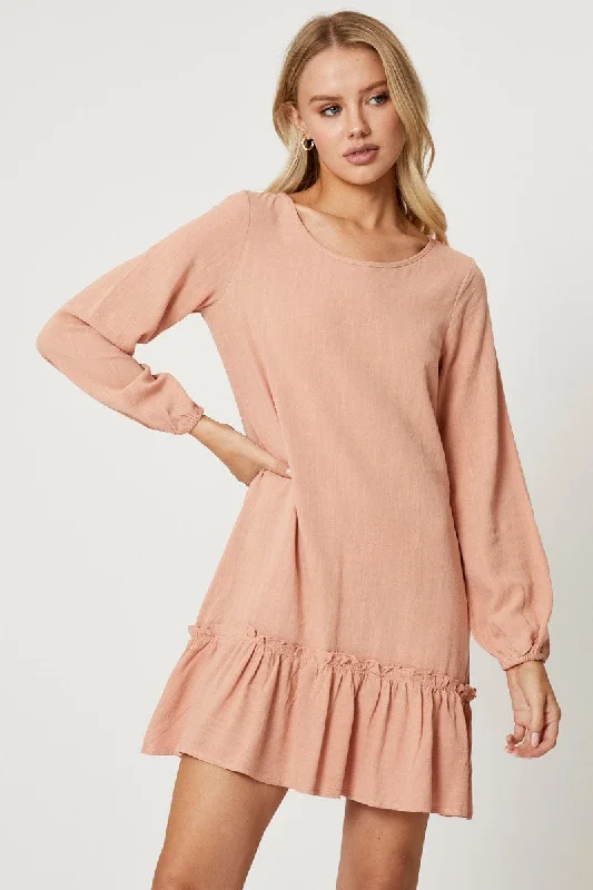 Pink Mini Dress Long Sleeve Fashionable Denim Mini Dress