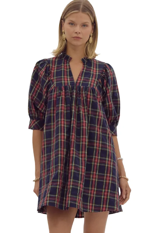 Plaid V-Neck Puff Mini Dress With Pockets Cozy Ribbed Mini Dress