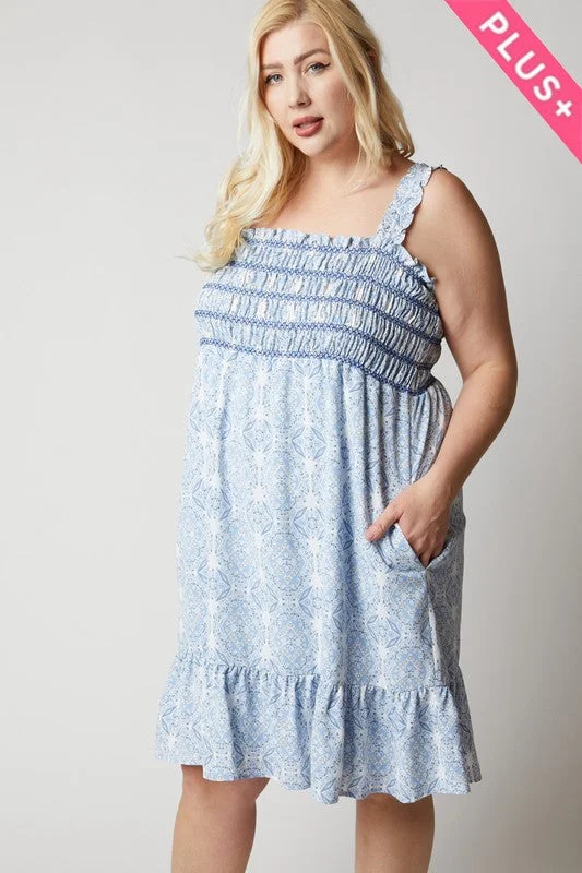 PLUS FLORAL PRINTED SMOCKED RUFFLE MINI DRESS - POWDER BLUE 💙 Comfortable Zip-Up Mini Dress