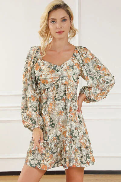 Printed Balloon Sleeve Ruffle Hem Mini Dress Chic Pleated Mini Dress