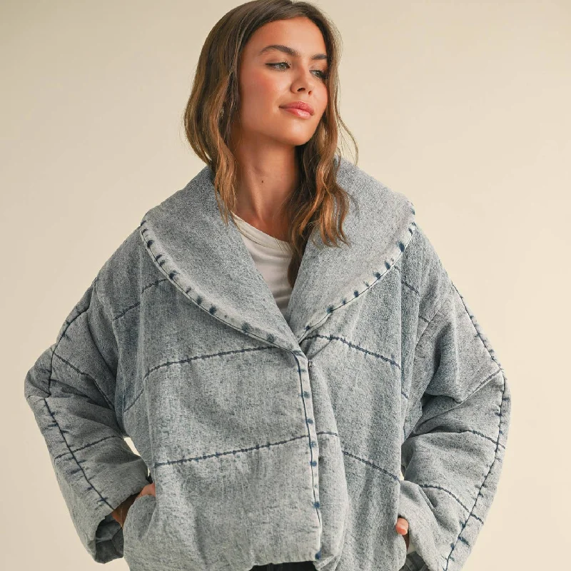 QUILTED TIE TO CLOSE DENIM JACKET Zip Front Button Front Snap Front