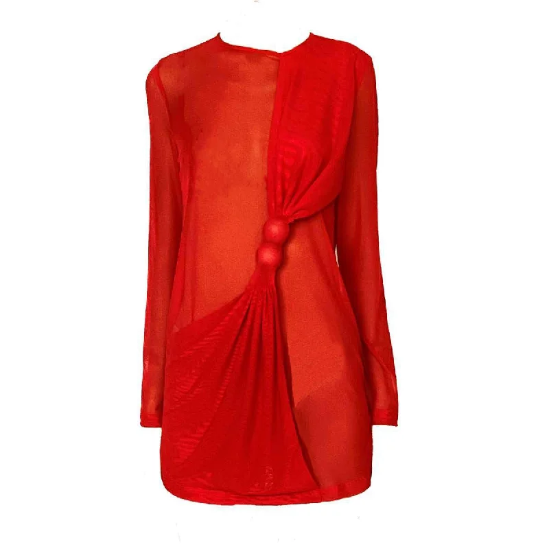 RED MESH MINI DRESS Comfortable Zip-Up Mini Dress