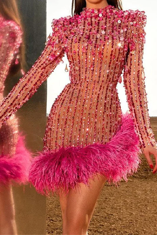 Rhinestone Luxe Feather Hem Irregular Mini Dress Elegant Sequin Mini Dress