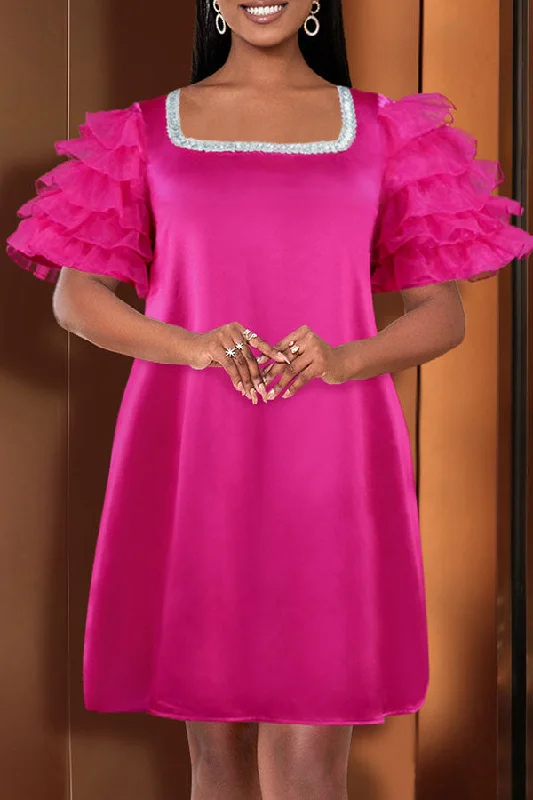 Rhinestone Patchwork Pretty Tiered Trumpet Sleeve Mini Dress Fashionable A-Line Mini Dress