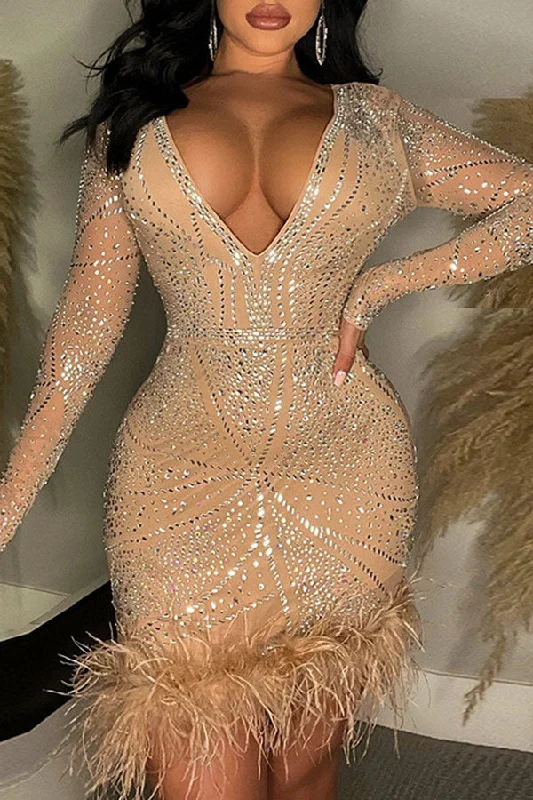 Rhinestone Rocking Feather Hem Mini Dress Chic Sleeveless Mini Dress
