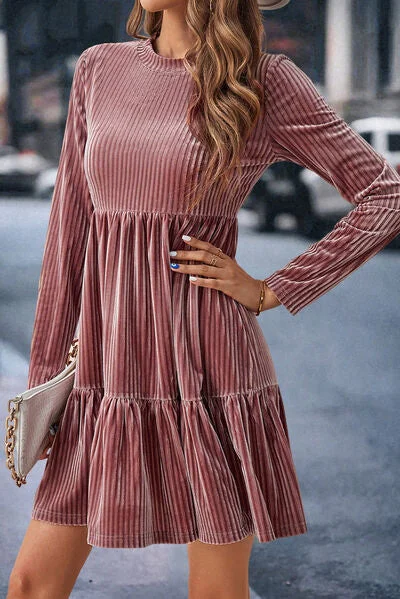 Blue Zone Planet |  Ribbed Round Neck Ruffle Hem Mini Dress Cozy Ruched Mini Dress